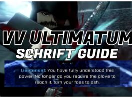 How To Get Schrift in VV ULTIMATUM – Including Letzt Stil! Feature image for our how to get schrift in vv ultimatum guide, showing the thor boss behind white and black lettering of the article title. At the bottom is a screenshot of the lieutenant talking when the player gains schrift.