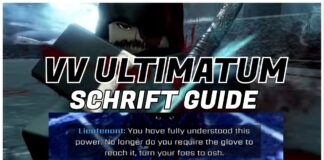 How To Get Schrift in VV ULTIMATUM – Including Letzt Stil! Feature image for our how to get schrift in vv ultimatum guide, showing the thor boss behind white and black lettering of the article title. At the bottom is a screenshot of the lieutenant talking when the player gains schrift.