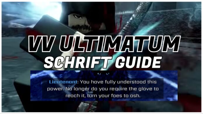 how-to-get-schrift-in-vv-ultimatum Feature image for our how to get schrift in vv ultimatum guide, showing the thor boss behind white and black lettering of the article title. At the bottom is a screenshot of the lieutenant talking when the player gains schrift.