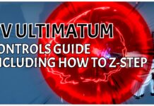 VV ULTIMATUM Controls Guide – Including How To Z STEP! Feature image for our VV ULTIMATUM controls guide, showing a player imbued in a large red circle with the article title written in bold black and white in an emptier space to the left of the screenshot