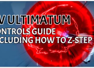 VV ULTIMATUM Controls Guide – Including How To Z STEP! Feature image for our VV ULTIMATUM controls guide, showing a player imbued in a large red circle with the article title written in bold black and white in an emptier space to the left of the screenshot