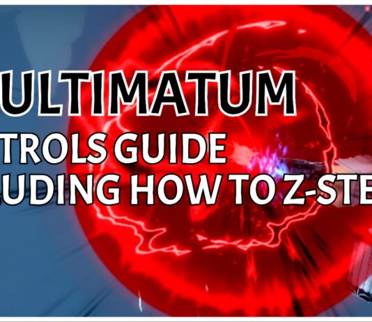VV ULTIMATUM Controls Guide – Including How To Z STEP! Feature image for our VV ULTIMATUM controls guide, showing a player imbued in a large red circle with the article title written in bold black and white in an emptier space to the left of the screenshot