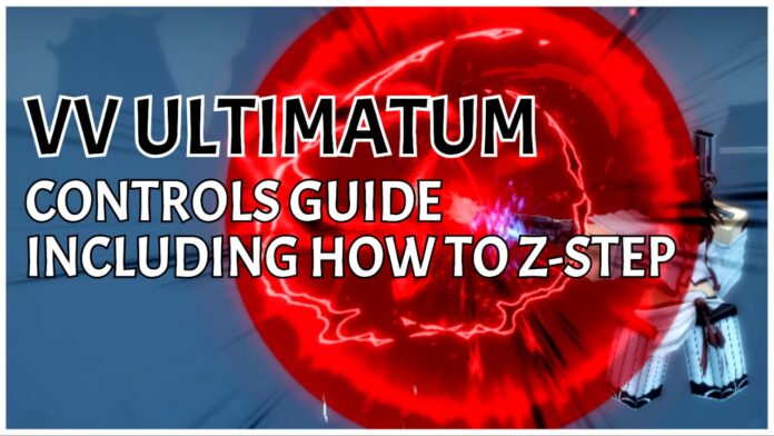 Feature image for our VV ULTIMATUM controls guide, showing a player imbued in a large red circle with the article title written in bold black and white in an emptier space to the left of the screenshot