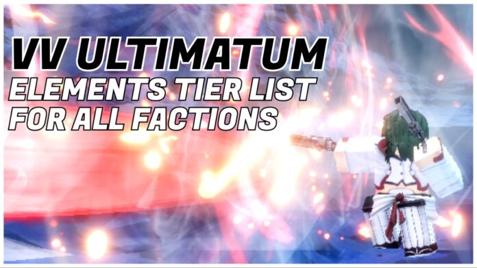 vv-ultimatum-elements-tier-list Feature image for our vv ultimatum elements tier list showing an arrancar firing their los lobos to the left, which displays a brilliant red flash. In the top left is the article title in bold black and white