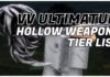 VV ULTIMATUM Hollow Weapons Tier List Feature image for our vv ultimatum hollow weapons tier list showing the back of a player holding a hammer weapon, which is covered in crude white and black spikes. The article title is written in black and white over the image