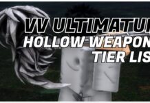 VV ULTIMATUM Hollow Weapons Tier List Feature image for our vv ultimatum hollow weapons tier list showing the back of a player holding a hammer weapon, which is covered in crude white and black spikes. The article title is written in black and white over the image