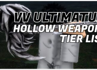 VV ULTIMATUM Hollow Weapons Tier List Feature image for our vv ultimatum hollow weapons tier list showing the back of a player holding a hammer weapon, which is covered in crude white and black spikes. The article title is written in black and white over the image