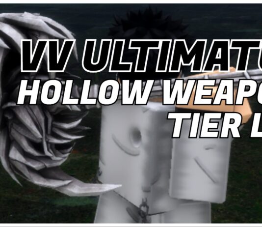 VV ULTIMATUM Hollow Weapons Tier List Feature image for our vv ultimatum hollow weapons tier list showing the back of a player holding a hammer weapon, which is covered in crude white and black spikes. The article title is written in black and white over the image