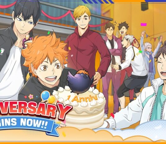 HAIKYU!! FLY HIGH Is Celebrating Its First Anniversary with a New Mini Game featured image for our news on HAIKYU!! FLY HIGH first anniversary. It shows the characters celebrating with a big white cake.