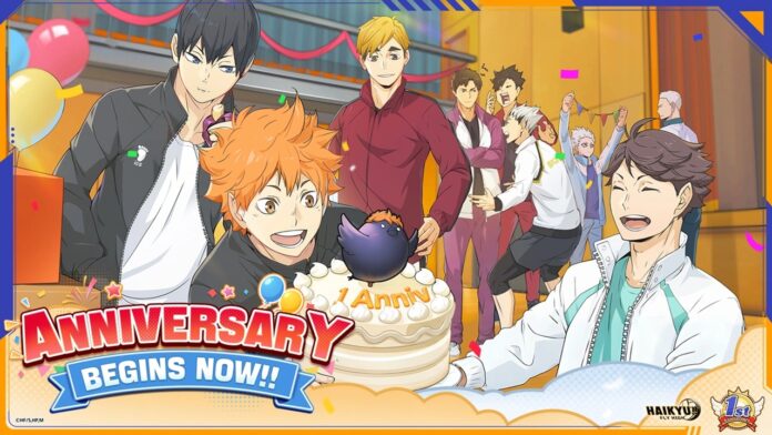 HAIKYU!! FLY HIGH first anniversary featured image for our news on HAIKYU!! FLY HIGH first anniversary. It shows the characters celebrating with a big white cake.