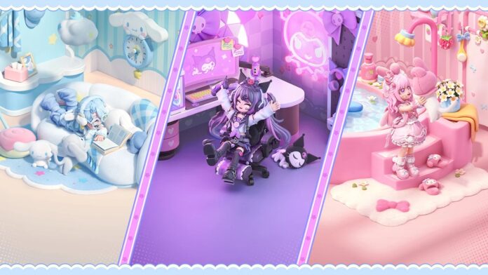 Heartopia x SANRIO featured image for our news on Heartopia x SANRIO. It shows three different rooms with My Melody, Cinnamoroll, and Kuromi themes.