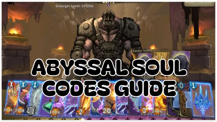 Feature image for our abyssal soul codes guide showing a giant enemy looking at the viewer, with a splay of vibrant cards across the bottom of the screen. Covering the lower body of the enemy, and the upper of the cards is the article title in bold black.