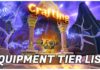 Anime Expeditions Equipment Tier List Feature image for our anime expeditions equipment tier list showing the crafting section of the lobby with a large glowing golden anvil below the golden crafting signage. Over the image is bold white text with the article title.
