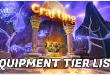 Anime Expeditions Equipment Tier List Feature image for our anime expeditions equipment tier list showing the crafting section of the lobby with a large glowing golden anvil below the golden crafting signage. Over the image is bold white text with the article title.