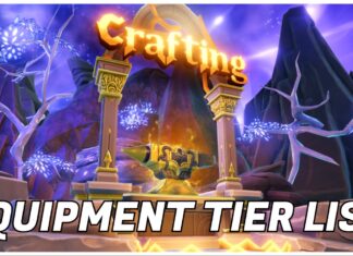 Anime Expeditions Equipment Tier List Feature image for our anime expeditions equipment tier list showing the crafting section of the lobby with a large glowing golden anvil below the golden crafting signage. Over the image is bold white text with the article title.