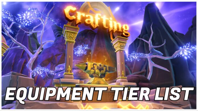 anime-expeditions-equipment-tier-list Feature image for our anime expeditions equipment tier list showing the crafting section of the lobby with a large glowing golden anvil below the golden crafting signage. Over the image is bold white text with the article title.