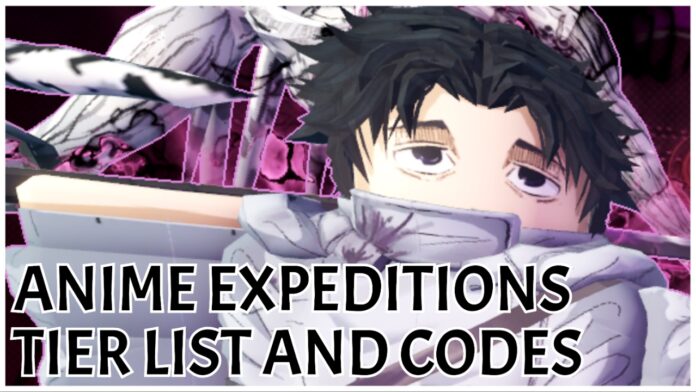 anime-expeditions-tier-list-and-codes Feature image for our anime expeditions tier list and codes guide showing the yuta unit with rika behind him. In front of the illustration in the bottom left is the article title in bold black with a white outline