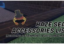 Haze Seas Accessories Guide – Full Index + Buffs and Obtainment Feature image for our haze seas accessories list showing a crab in a top hat looking to the viewer. In the gap on the right is the article title in bold black and white.