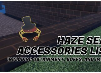 Haze Seas Accessories Guide – Full Index + Buffs and Obtainment Feature image for our haze seas accessories list showing a crab in a top hat looking to the viewer. In the gap on the right is the article title in bold black and white.