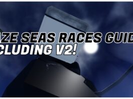 Haze Seas Races Guide – Complete Index + Rerolls! Feature image for our haze seas races guide showing a player from bottom-up with a tail swishing against moonlight. The article title is in bold black and white over the top of the player body