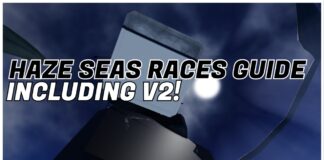 Haze Seas Races Guide – Complete Index + Rerolls! Feature image for our haze seas races guide showing a player from bottom-up with a tail swishing against moonlight. The article title is in bold black and white over the top of the player body