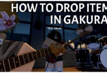 How To Drop Items in Gakuran – Including ALL Controls! Feature image for our how to drop items in gakuran guide showing a player holding a guitar in the music room with students playing other instruments framing her around the image. In the top right corner is the article title in bold white