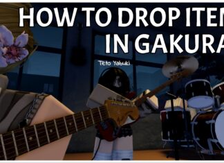 How To Drop Items in Gakuran – Including ALL Controls! Feature image for our how to drop items in gakuran guide showing a player holding a guitar in the music room with students playing other instruments framing her around the image. In the top right corner is the article title in bold white