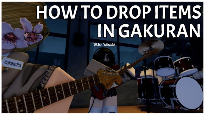 Feature image for our how to drop items in gakuran guide showing a player holding a guitar in the music room with students playing other instruments framing her around the image. In the top right corner is the article title in bold white