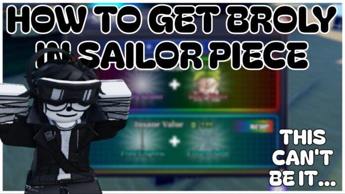 how-to-get-broly-in-sailor-piece Feature image for our how to get broly in sailor piece guide showing a player with their hands on their head in despair. Behind them is a blurred background of the in-game robux shop obscuring the broly kit. The article title is in the top in black and white bold text.