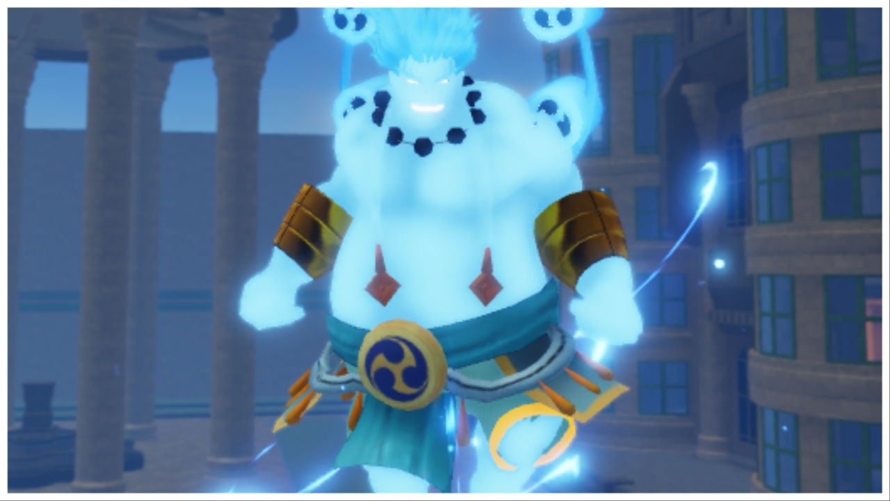 Image shows the electricity v2 in action, giving readers a view of what theyll be unlocking if they follow this guide. It shows the Raijin Enel form, with spiked blue hair and a blue body with an intimidating expression