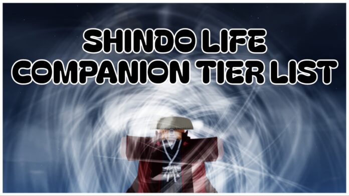 Feature image for our shindo life companion tier list showing the pain world boss suspended in the air with a white aura surrounding his body. He is in the robloxian style, and has his arms stretched outwards. Above him in bubbly black font is the article title