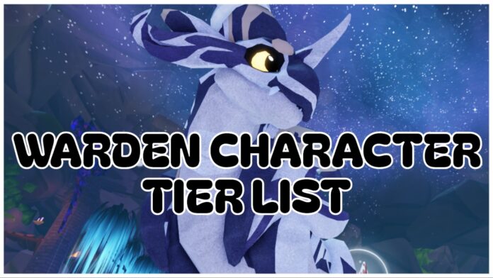 warden-character-tier-list Feature image for our warden character tier list showing the character mylo, a feral black and white dragon-like creature looking to the right. The character is framed by stars in the night sky, and text over its chest with the article title in black and white lettering